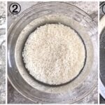 Collage showing Shirataki ric, how to wash and drain it then cook it