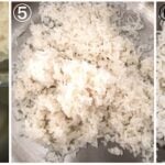 collage showing the pan frying process of how to cook shirataki rice