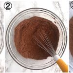 collage showing a bowl of keto flours mixed and beaten eggs added