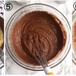 collage showing melted butter being added to a bowl of ingredients mixed for making keto chocolate muffins