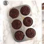 collage showing keto chocolate muffins in a muffin pan and the baked muffins
